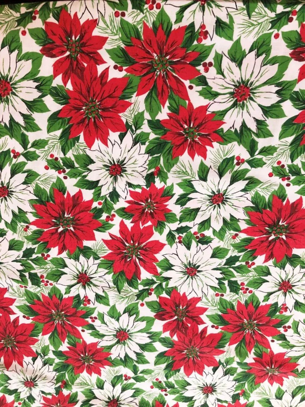 Vintage Christmas Poinsettia Large Tablecloth or Fabric  59x82